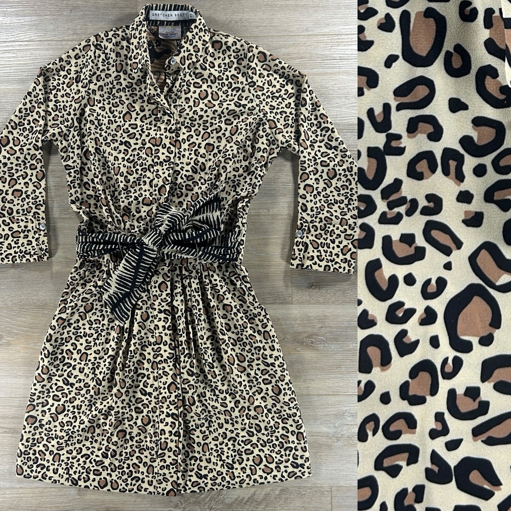 Gretchen Scott‎ Size XS Breezy Blouson Cougar Print Sash Belt Pocket Dress